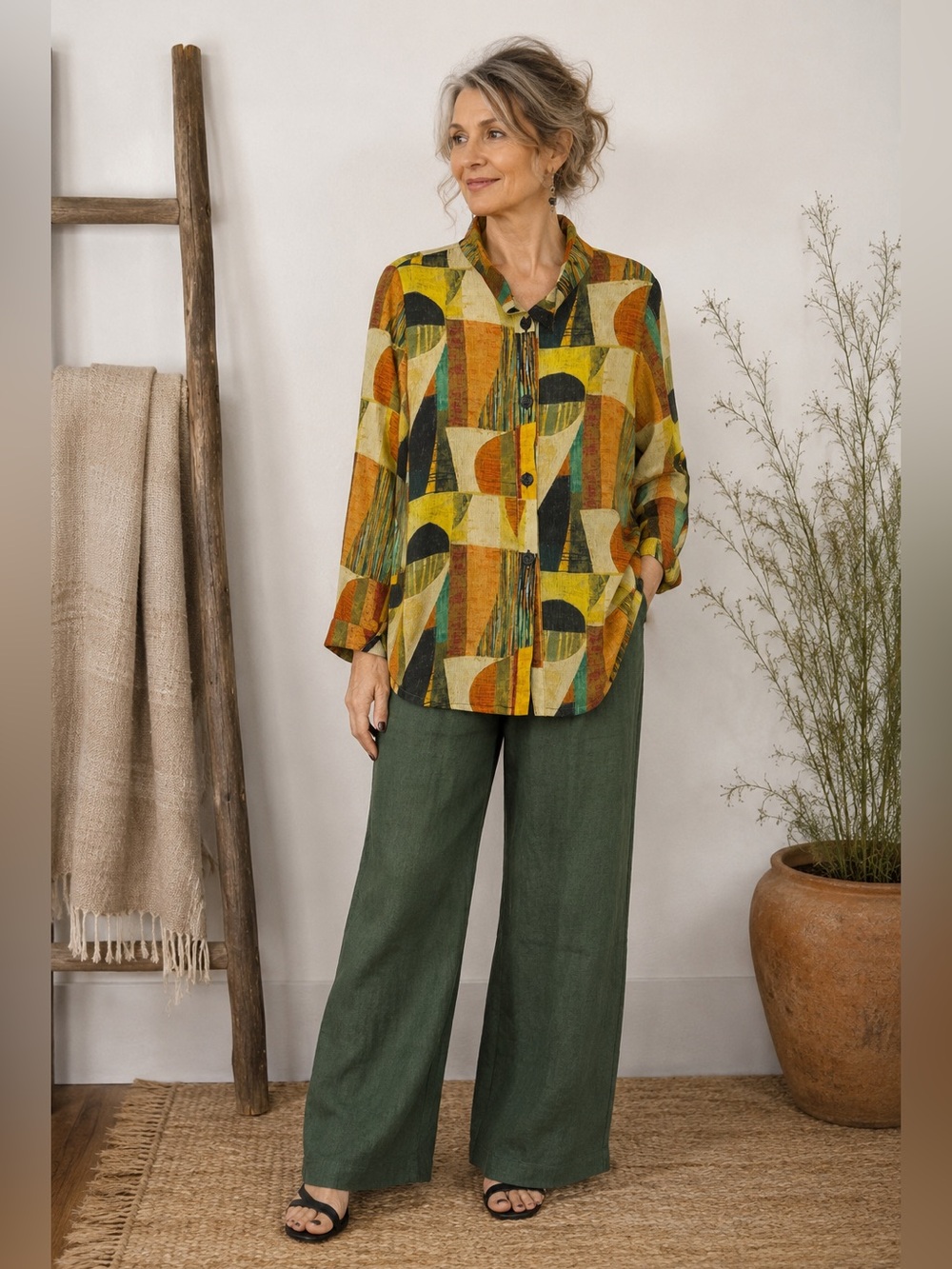 DAMEE Art to Wear Colorful Blouse Orange Green Size Large Wire Collar Boxy